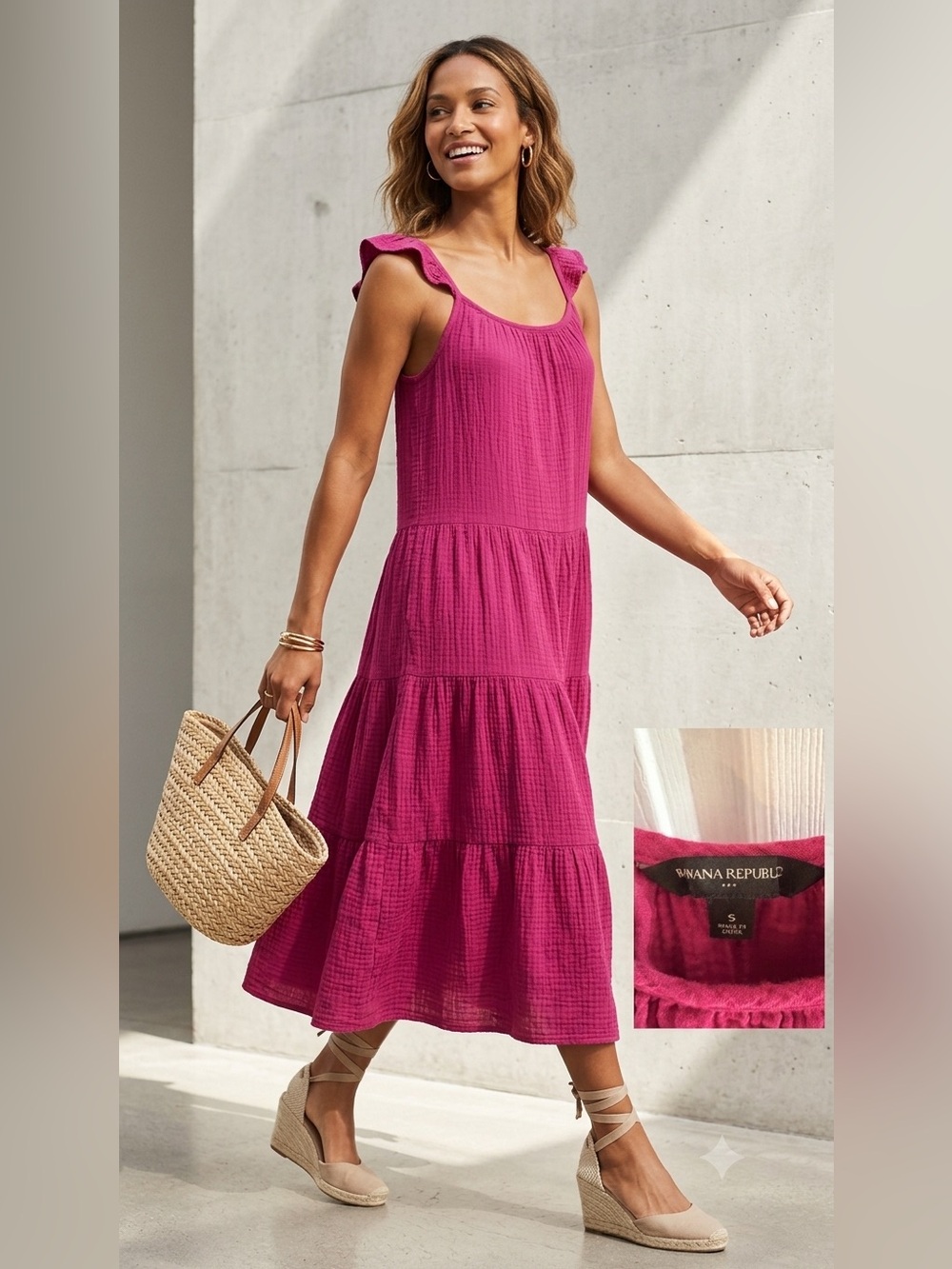 Banana Republic Pink Double Gauze Cotton Ruffle Shoulder Tiered Midi Dress Small
